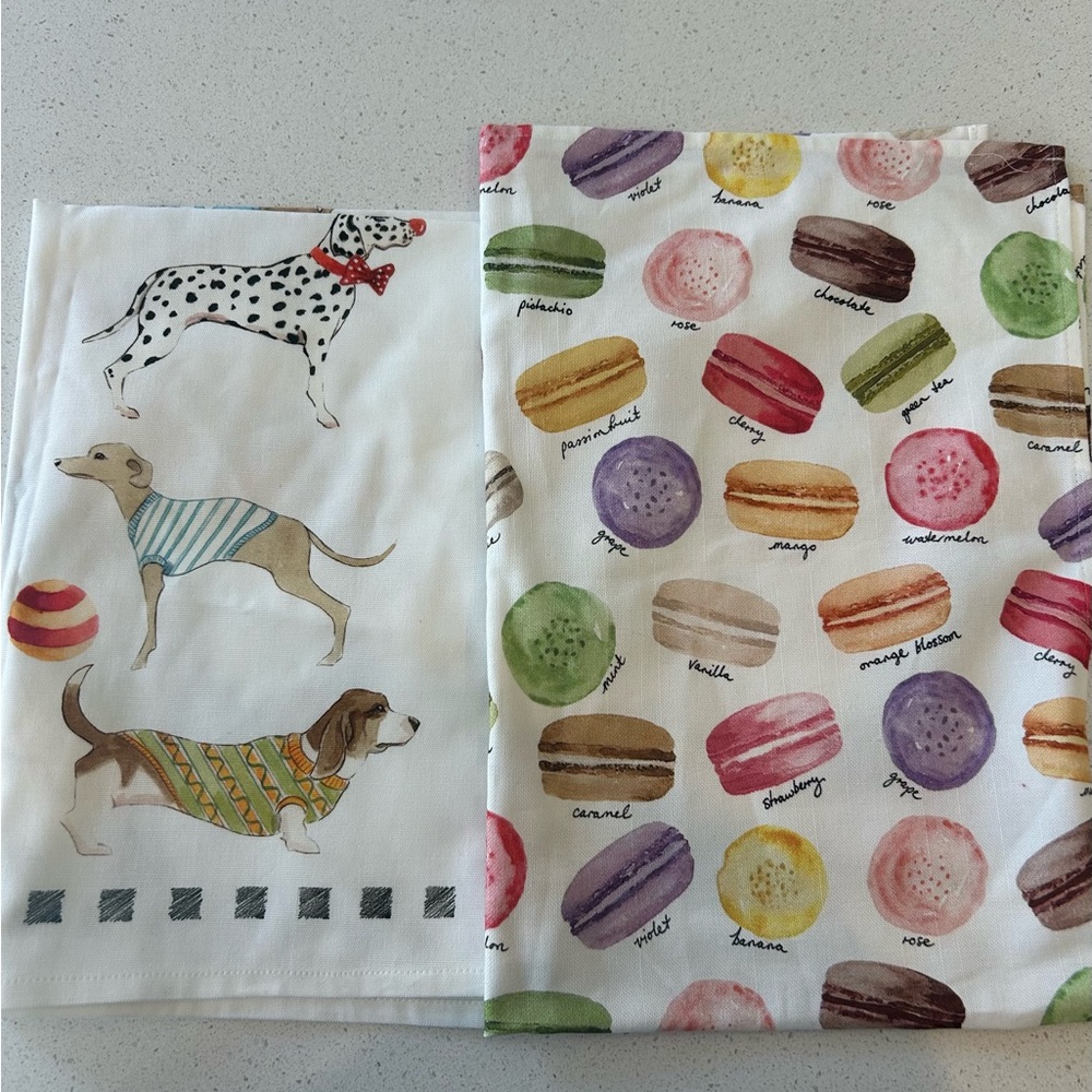 Set of 2 Sur La Table Dog Macaroon Kitchen Towels Tea Towels Cotton NEW